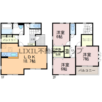 �@�y�Ԏ��}�z�Ԏ��}�ł��B1�K�͍L�X18.7��LDK�ɍL�߂̃p���g���[�t���ł��B2�K�͑S��6���ȏ�Ŏ��[�����ƂȂ��Ă���܂��B